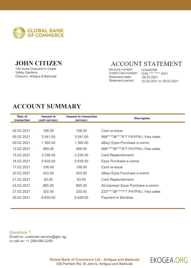 Relevé bancaire d'Antigua et Barbuda Global Bank of Commerce